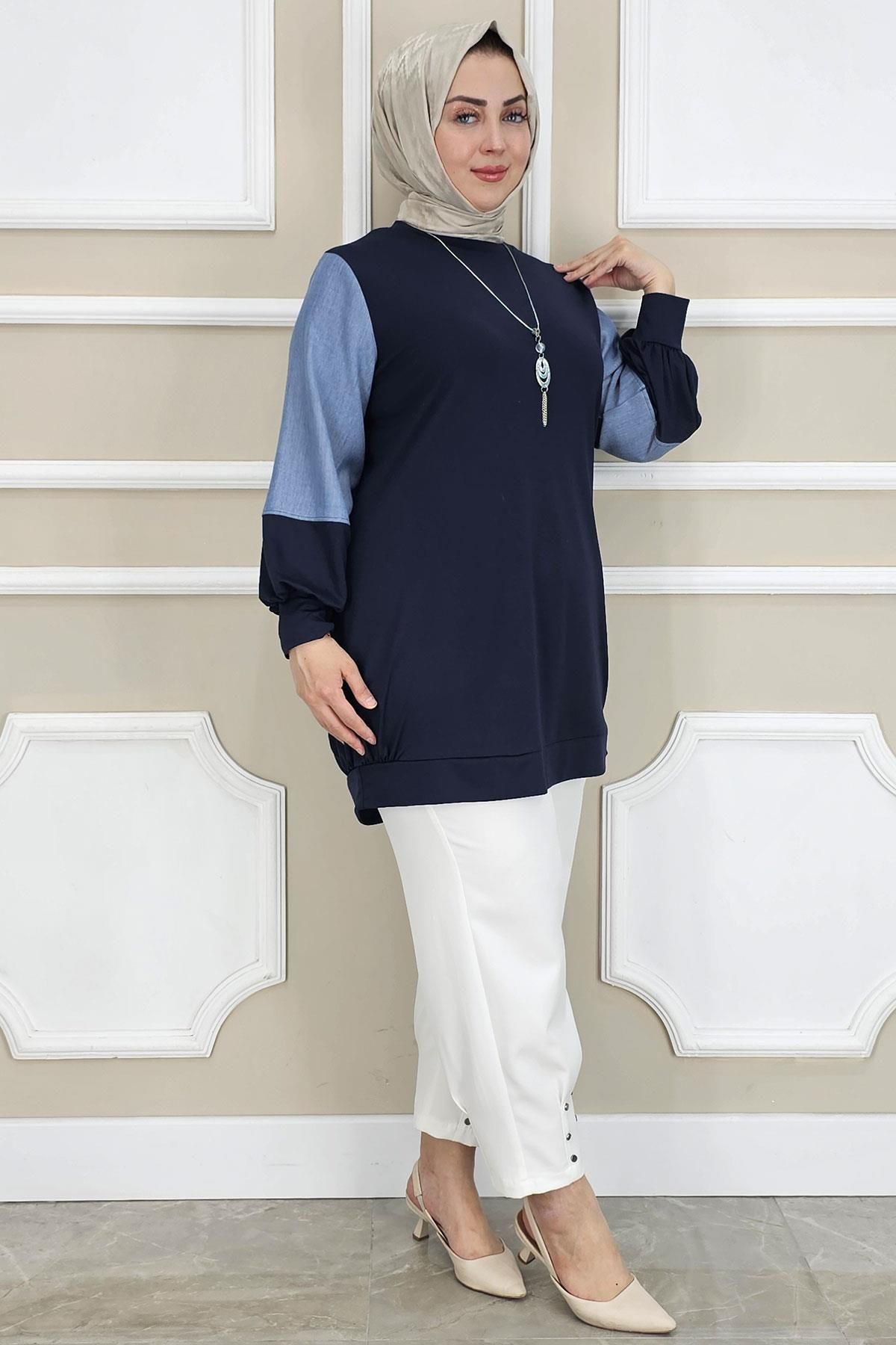 PYS KADIN KOMBİNLİ KOLYE DETAYLI TESETTÜR LACİVERT - 3 BEDEN