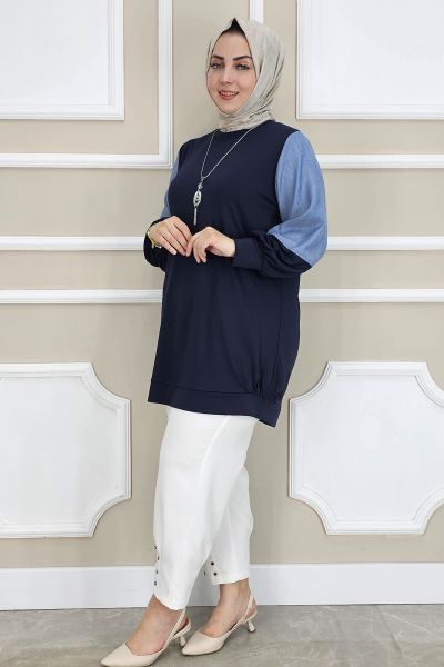 PYS KADIN KOMBİNLİ KOLYE DETAYLI TESETTÜR LACİVERT - 3 BEDEN