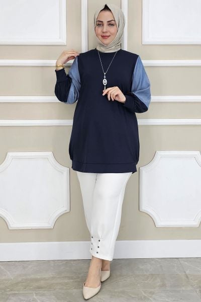 PYS KADIN KOMBİNLİ KOLYE DETAYLI TESETTÜR LACİVERT - 3 BEDEN