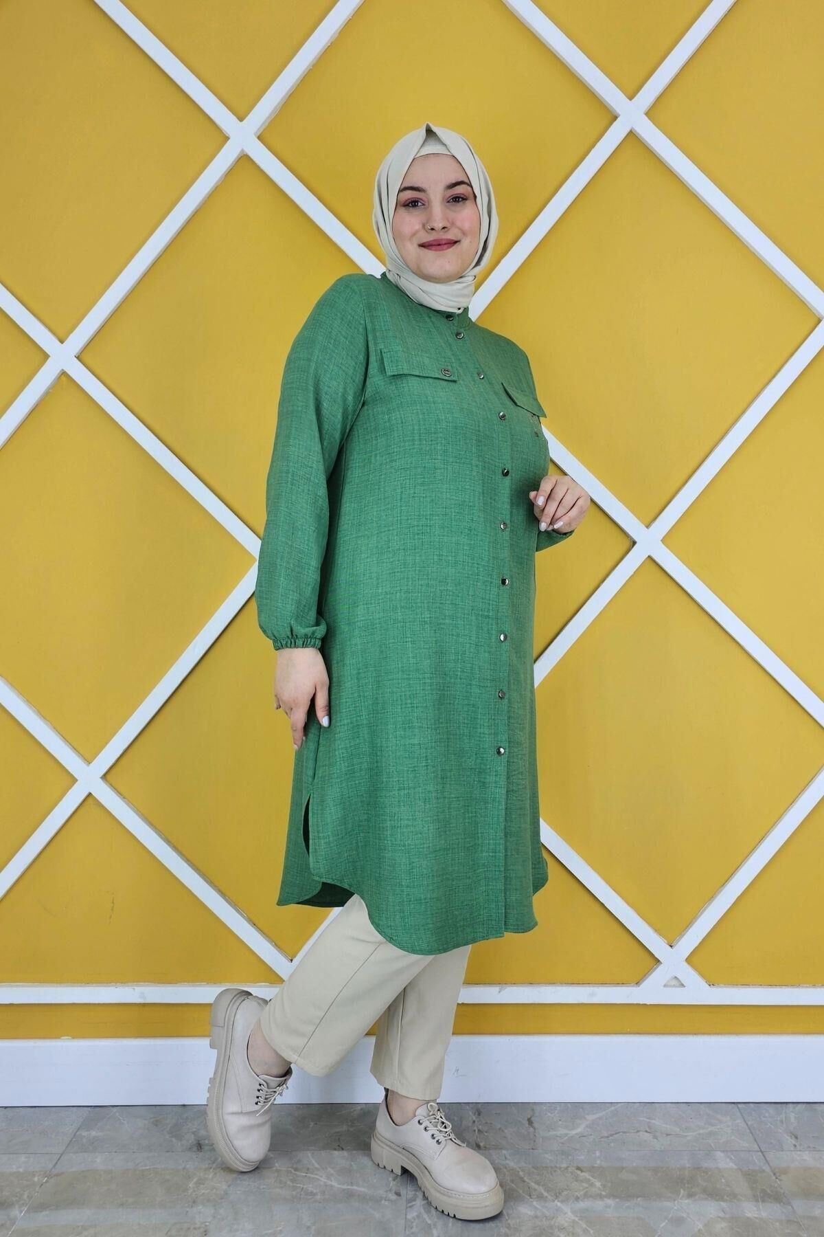 KADIN ARMA VE TAŞ DETAYLI KETEN TESETTÜR GÖMLEK BENETTON - 3 BEDEN