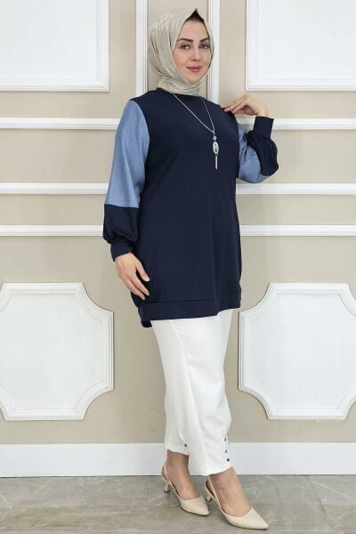 PYS KADIN KOMBİNLİ KOLYE DETAYLI TESETTÜR LACİVERT - 4 BEDEN