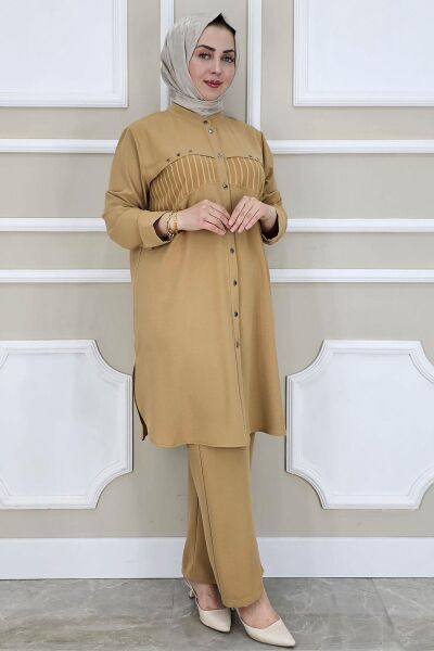 KADIN KOMBİNLİ TAŞ DETAYLI TESETTÜR TAKIM CAMEL - 2 BEDEN