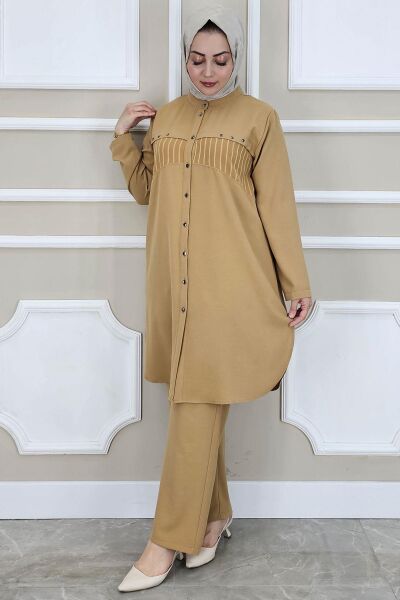 KADIN KOMBİNLİ TAŞ DETAYLI TESETTÜR TAKIM CAMEL - 2 BEDEN