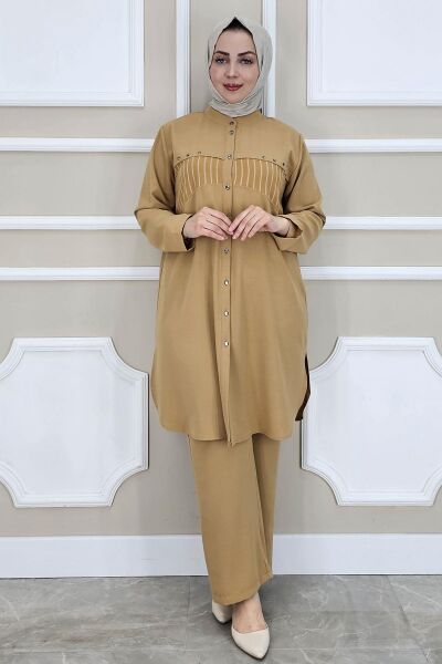KADIN KOMBİNLİ TAŞ DETAYLI TESETTÜR TAKIM CAMEL - 2 BEDEN