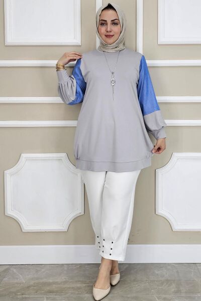 PYS KADIN KOMBİNLİ KOLYE DETAYLI TESETTÜR GRİ - 2 BEDEN