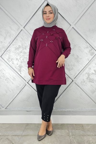 KADIN DİKME VE TAŞ DETAYLI TESETTÜR TUNİK BORDO - 5 BEDEN