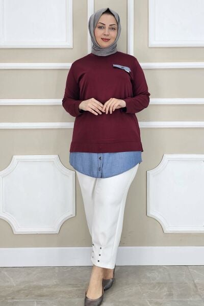 PYS KADIN KOT KOMBİNLİ DÜĞME DETAYLI TESETTÜR TUNİK BORDO - 2 BEDEN