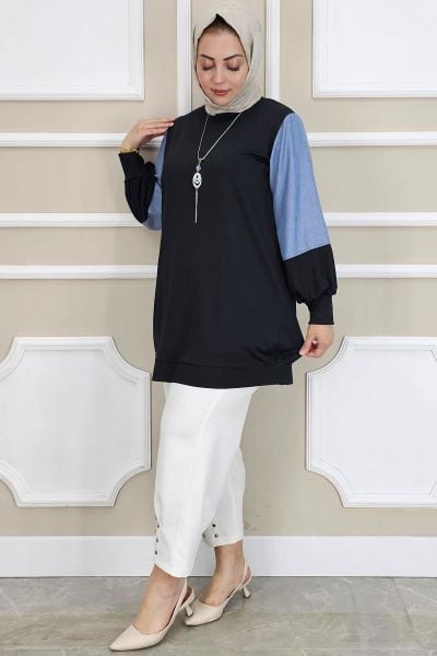 PYS KADIN KOMBİNLİ KOLYE DETAYLI TESETTÜR SİYAH - 2 BEDEN