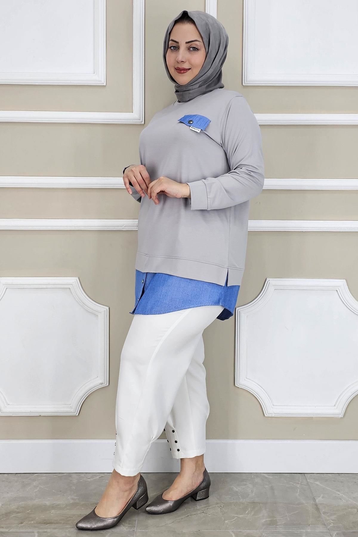 PYS KADIN KOT KOMBİNLİ DÜĞME DETAYLI TESETTÜR TUNİK GRİ - 5 BEDEN