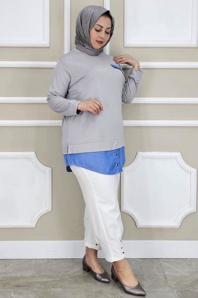PYS KADIN KOT KOMBİNLİ DÜĞME DETAYLI TESETTÜR TUNİK GRİ - 5 BEDEN