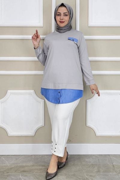 PYS KADIN KOT KOMBİNLİ DÜĞME DETAYLI TESETTÜR TUNİK GRİ - 5 BEDEN