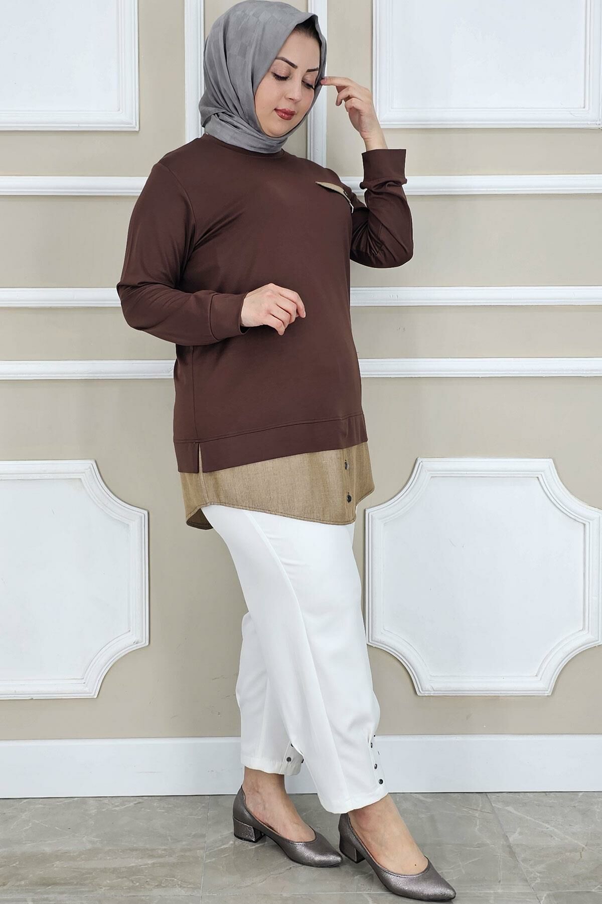 PYS KADIN KOT KOMBİNLİ DÜĞME DETAYLI TESETTÜR TUNİK KAHVERENGİ - 2 BEDEN