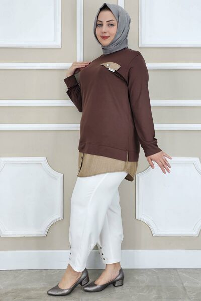 PYS KADIN KOT KOMBİNLİ DÜĞME DETAYLI TESETTÜR TUNİK KAHVERENGİ - 4 BEDEN