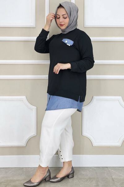 PYS KADIN KOT KOMBİNLİ DÜĞME DETAYLI TESETTÜR TUNİK SİYAH - 2 BEDEN