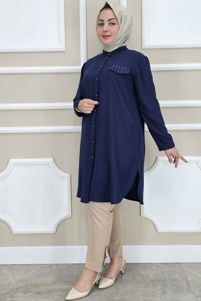 PYS KADIN HAKİM YAKA TESETTÜR GÖMLEK LACİVERT - 5 BEDEN