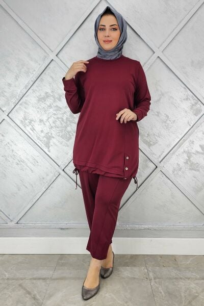 KADIN DÜĞME BAĞCIK DETAYLI TESETTÜR TAKIM BORDO - 4 BEDEN