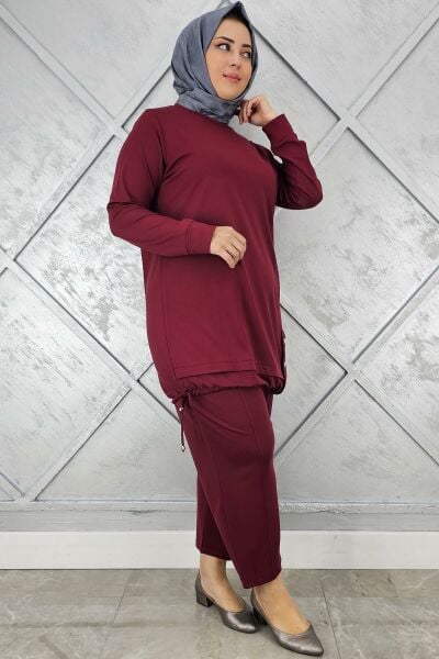 KADIN DÜĞME BAĞCIK DETAYLI TESETTÜR TAKIM BORDO - 4 BEDEN