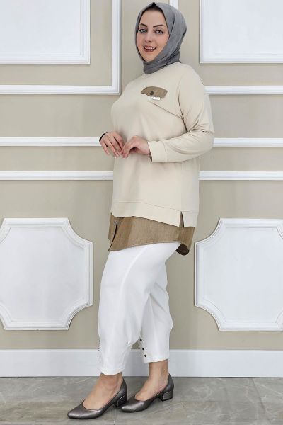PYS KADIN KOT KOMBİNLİ DÜĞME DETAYLI TESETTÜR TUNİK BEJ - 2 BEDEN
