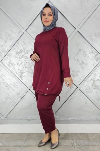 KADIN DÜĞME BAĞCIK DETAYLI TESETTÜR TAKIM BORDO - 5 BEDEN