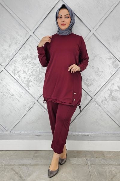 KADIN DÜĞME BAĞCIK DETAYLI TESETTÜR TAKIM BORDO - 5 BEDEN