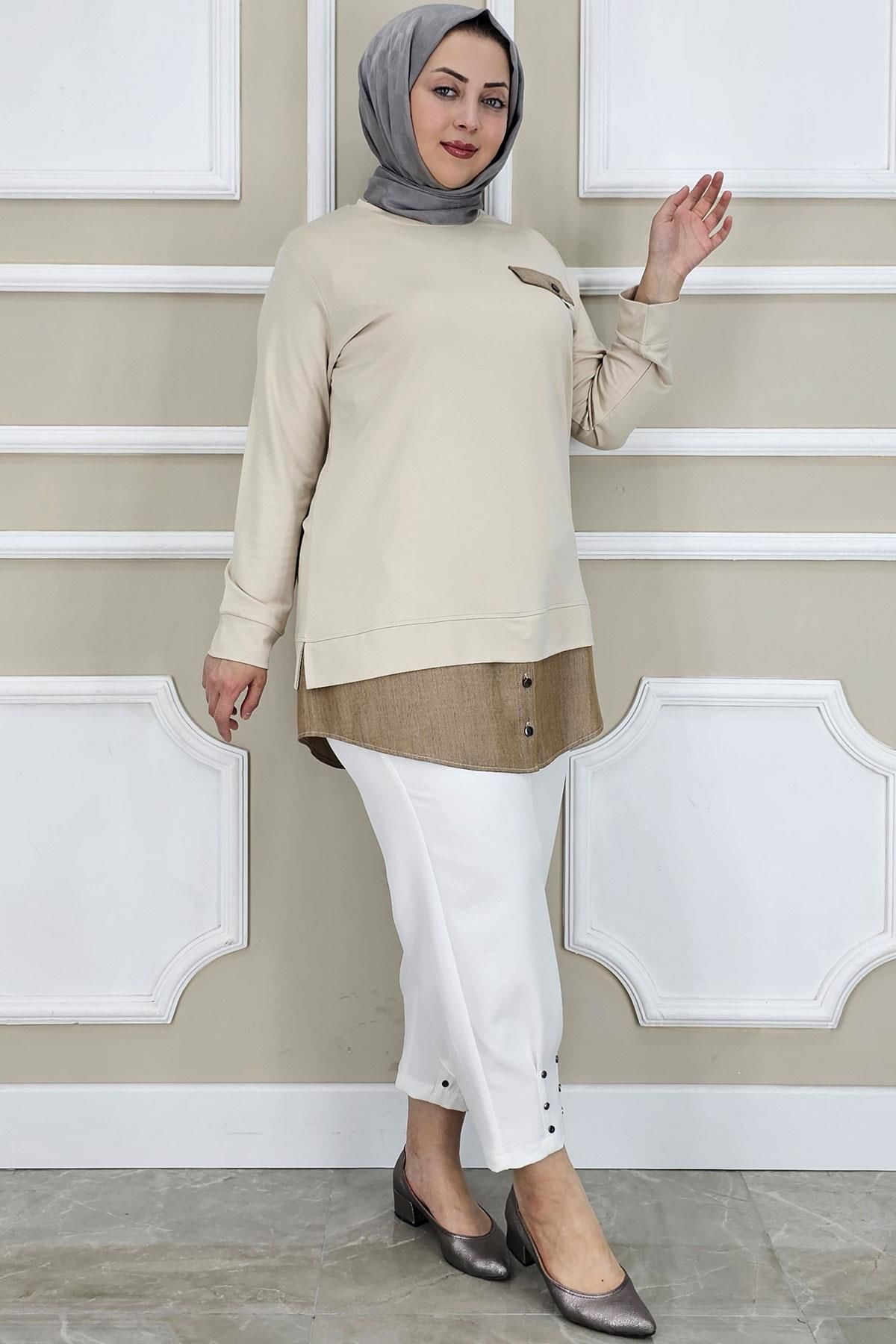 PYS KADIN KOT KOMBİNLİ DÜĞME DETAYLI TESETTÜR TUNİK BEJ - 3 BEDEN