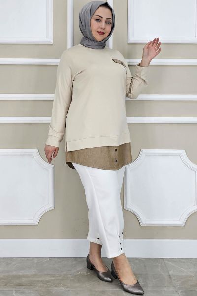 PYS KADIN KOT KOMBİNLİ DÜĞME DETAYLI TESETTÜR TUNİK BEJ - 3 BEDEN