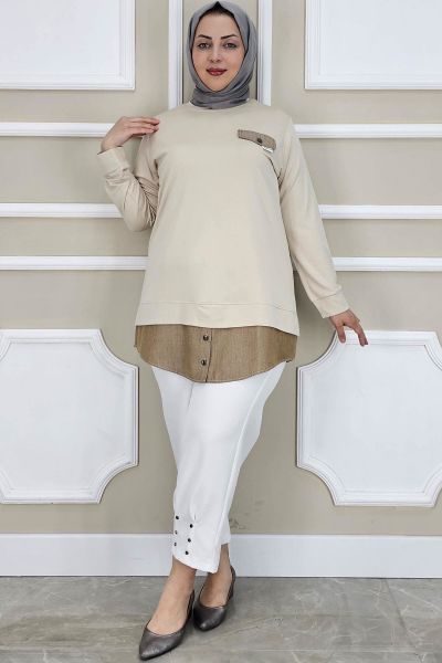 PYS KADIN KOT KOMBİNLİ DÜĞME DETAYLI TESETTÜR TUNİK BEJ - 3 BEDEN