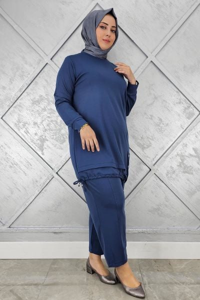 KADIN DÜĞME BAĞCIK DETAYLI TESETTÜR TAKIM İNDİGO - 4 BEDEN