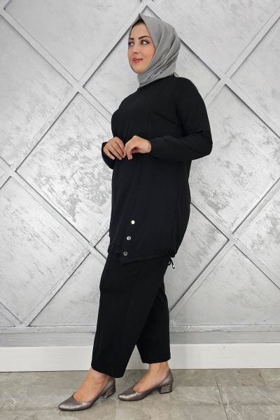 KADIN DÜĞME BAĞCIK DETAYLI TESETTÜR TAKIM SİYAH - 5 BEDEN