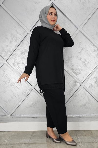 KADIN DÜĞME BAĞCIK DETAYLI TESETTÜR TAKIM SİYAH - 5 BEDEN