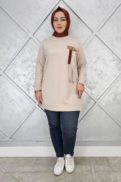 KADIN KOMBİN VE BAĞCIK DETAYLI TESETTÜR TUNİK BEJ - 3XL