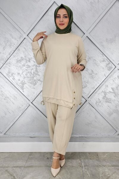 KADIN DÜĞME BAĞCIK DETAYLI TESETTÜR TAKIM BEJ - 2 BEDEN