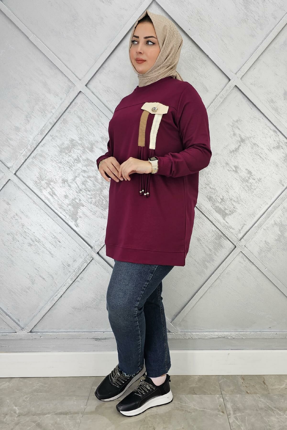 KADIN KOMBİN VE BAĞCIK DETAYLI TESETTÜR TUNİK BORDO - 2XL