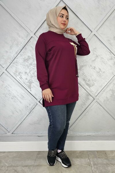 KADIN KOMBİN VE BAĞCIK DETAYLI TESETTÜR TUNİK BORDO - 2XL