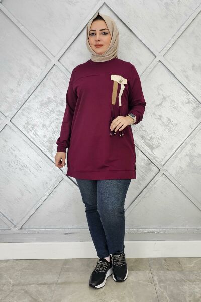 KADIN KOMBİN VE BAĞCIK DETAYLI TESETTÜR TUNİK BORDO - 2XL