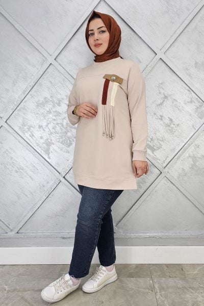 KADIN KOMBİN VE BAĞCIK DETAYLI TESETTÜR TUNİK BEJ - L
