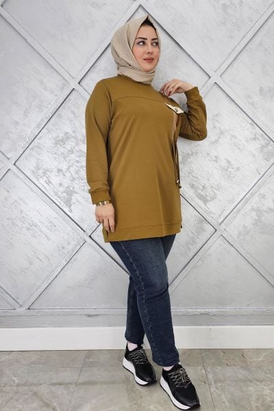 KADIN KOMBİN VE BAĞCIK DETAYLI TESETTÜR TUNİK YAĞ YEŞİLİ - 2XL