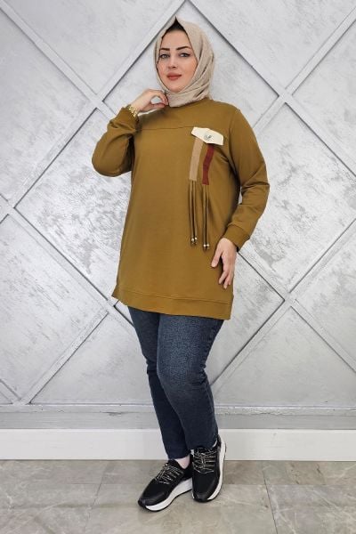 KADIN KOMBİN VE BAĞCIK DETAYLI TESETTÜR TUNİK YAĞ YEŞİLİ - 2XL