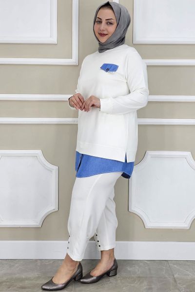PYS KADIN KOT KOMBİNLİ DÜĞME DETAYLI TESETTÜR TUNİK EKRU - 4 BEDEN