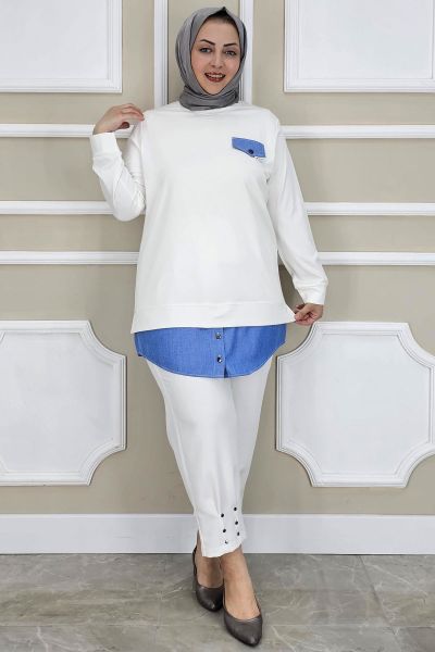 PYS KADIN KOT KOMBİNLİ DÜĞME DETAYLI TESETTÜR TUNİK EKRU - 4 BEDEN
