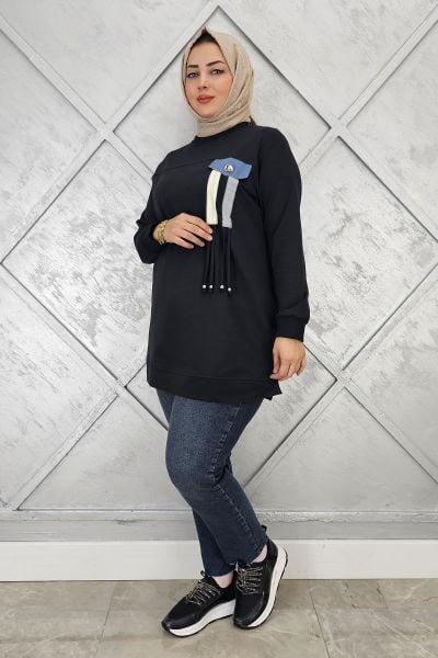 KADIN KOMBİN VE BAĞCIK DETAYLI TESETTÜR TUNİK SİYAH - XL