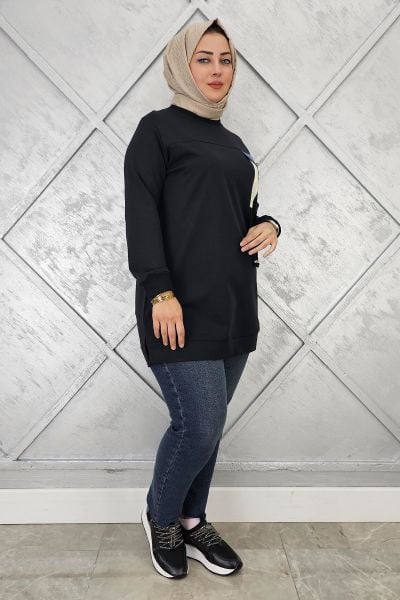 KADIN KOMBİN VE BAĞCIK DETAYLI TESETTÜR TUNİK SİYAH - XL