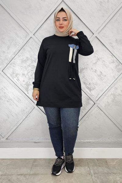 KADIN KOMBİN VE BAĞCIK DETAYLI TESETTÜR TUNİK SİYAH - XL