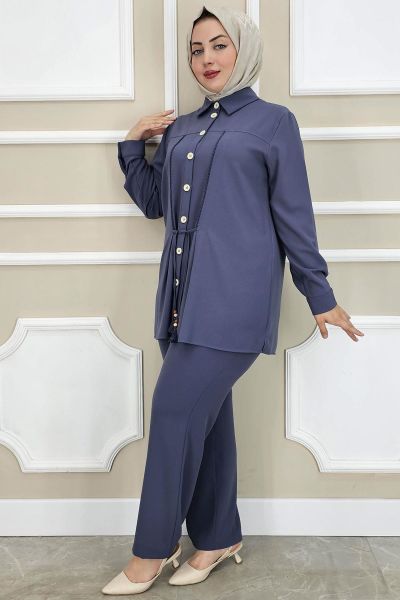 PYS KADIN DANTEL ŞERİT DETAYLI TESETTÜR TAKIM ANTRSİT - 3 BEDEN