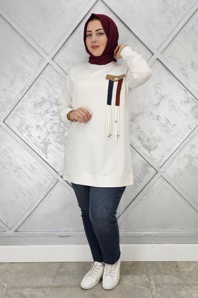 KADIN KOMBİN VE BAĞCIK DETAYLI TESETTÜR TUNİK EKRU - 2XL