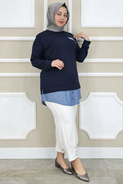 PYS KADIN KOT KOMBİNLİ DÜĞME DETAYLI TESETTÜR TUNİK LACİVERT - 5 BEDEN