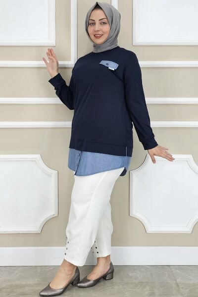 PYS KADIN KOT KOMBİNLİ DÜĞME DETAYLI TESETTÜR TUNİK LACİVERT - 5 BEDEN