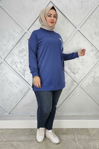 KADIN KOMBİN VE BAĞCIK DETAYLI TESETTÜR TUNİK İNDİGO - XL
