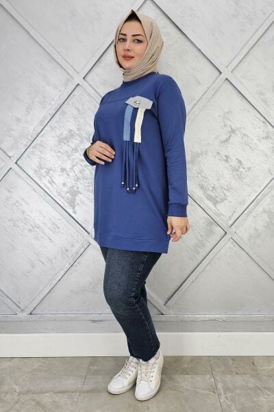 KADIN KOMBİN VE BAĞCIK DETAYLI TESETTÜR TUNİK İNDİGO - XL