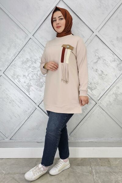 KADIN KOMBİN VE BAĞCIK DETAYLI TESETTÜR TUNİK BEJ - 2XL